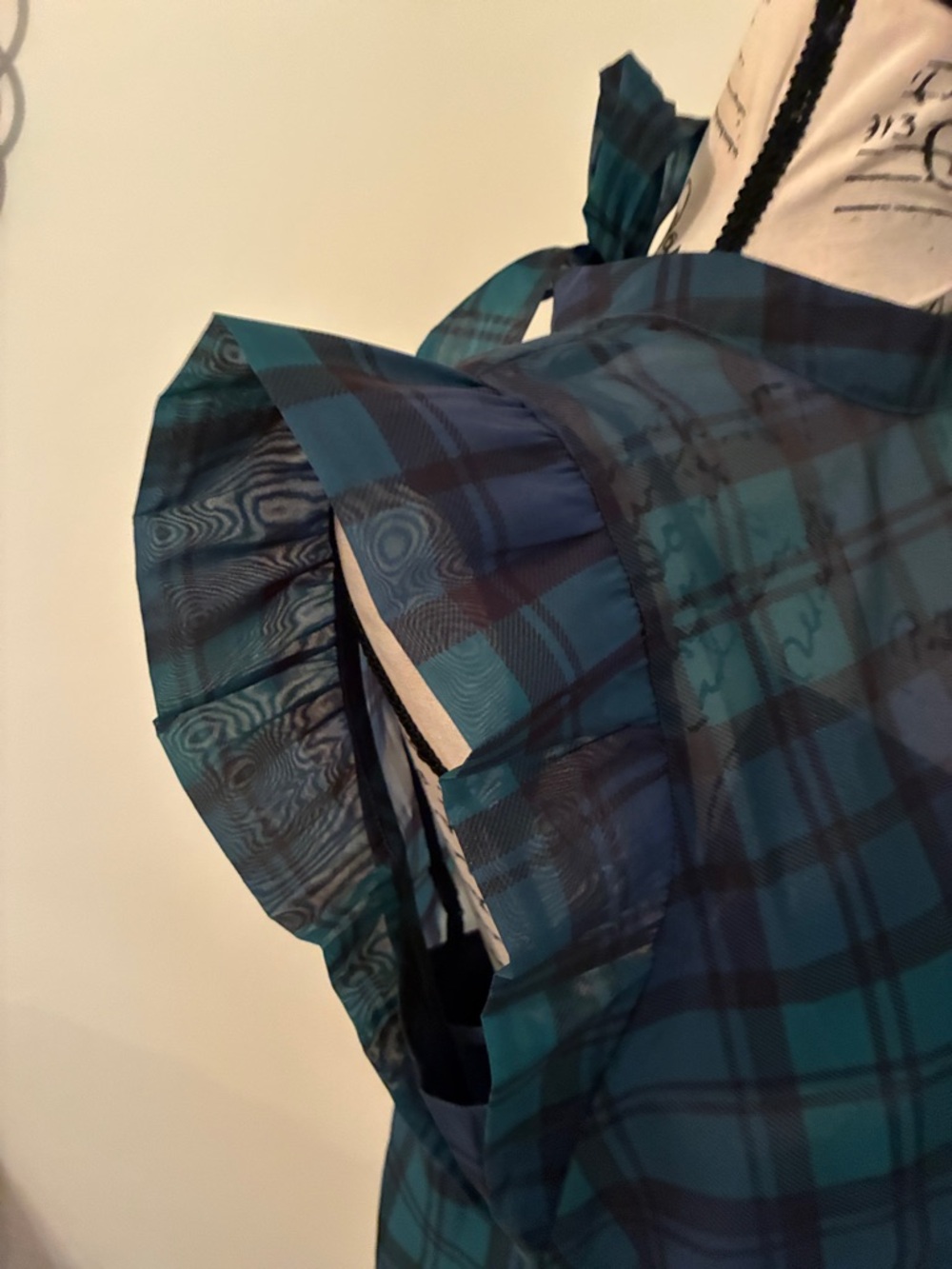LOFT Sheer Plaid Ruffle Sleeve Top in Navy and Green - Picture 7 of 14